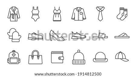 Outline Clothing Icon set. Contains such Icons as bathrobe, pajamas, socks, shoes, and more