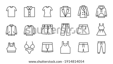 Outline Clothing Icon set. Contains such Icons as T-shirt, jacket, dress,  and more