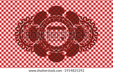 calendar icon inside red checkered tablecloth emblem. Restaurant graceful background. Illustration. 
