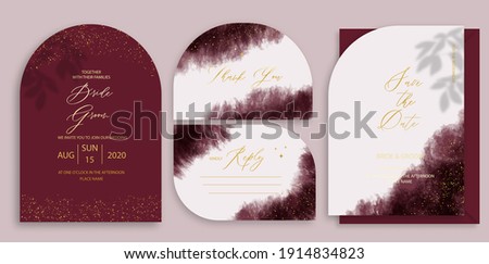 Modern wedding invitation, burgundy and golden wedding invitation template, arch shape with leaf shadow and handmade calligraphy. Royalty-Free Stock Photo #1914834823