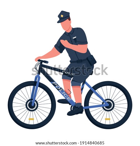 Police officer flat color vector faceless character. Bycycle patrol department. Riding bike around town to help people isolated cartoon illustration for web graphic design and animation