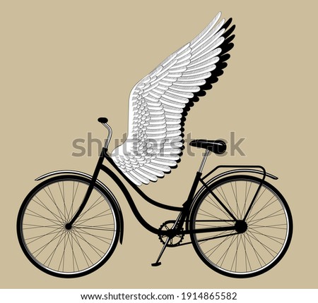 Ladies bike with wings. Drawing in vintage engraving style. Vector illustration