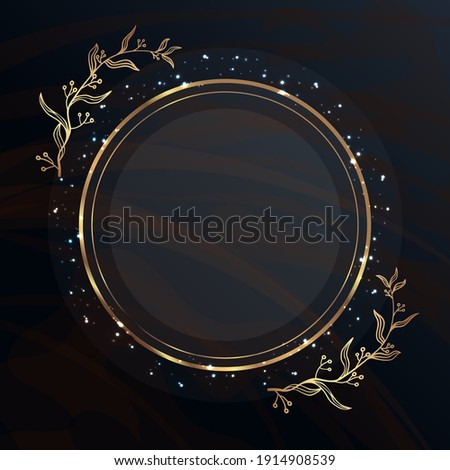 Gold frame. A circle in golden branches on a dark gray background. Glowing sparks and dots. Place for text.