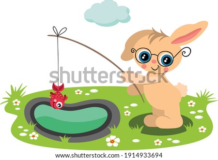 Cute bunny fishing a red fish in garden