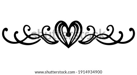 Black curly vector element with thin rounded lines. Heart and swirl for decoration of festive products, web, menus, labels.