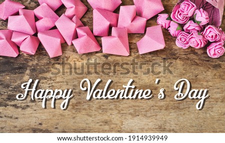 Happy Valentine's Day card, romantic  background with voluminous paper pink hearts and flowers	
