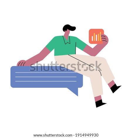 young man with statistics seated in speech bubble character vector illustration design
