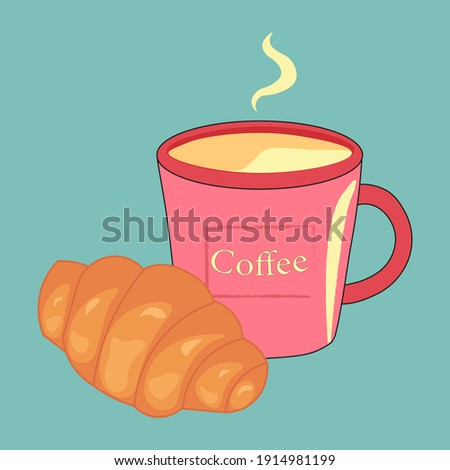 Croissant with a cup of cocoa. French breakfast. Illustration.