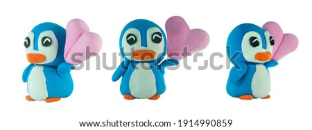smile Cute plasticine  penguin with pink heart concept love or valentine on white background