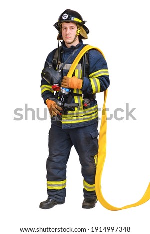 Full body young brave man in uniform and hardhat of firefighter holds firehose nozzle in hands and looking at camera isolated on white background