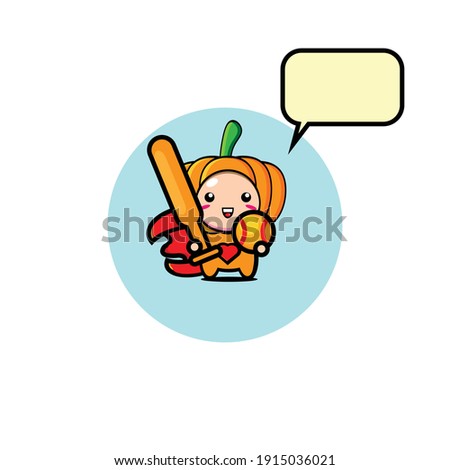 Illustration design of a child wearing a pumpkin costume carrying to play baseball