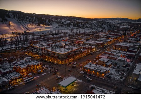 Aerial View of the Colorado Ski Town of Steamboat Springs during Winter Royalty-Free Stock Photo #1915041472