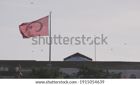 Turkish flag swaying in the wind against a clear blue sky. Action. Red flag of Turkey waving above the building and green trees.