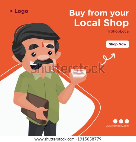 Buy from your local shop banner design. Confectioner is showing card for payments. Vector graphic illustration.