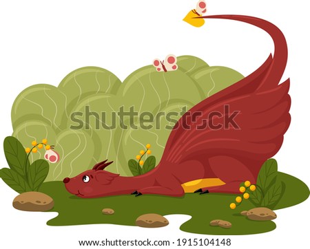 Cute red baby dragon cartoon with butterflies