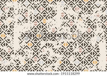 Seamless geometric pattern in oriental style with an effect of attrition. Abstract retro vector texture. Vintage shabby carpet. Lattice graphic design. Vector tiles pattern in brown and beige. Royalty-Free Stock Photo #1915118299