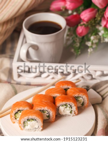 Japanese food. Sushi and rolls. Sets from the roll. Beautiful serving of Asian cuisine