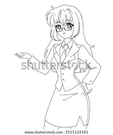Surprised anime manga girl wearing office suit isolated on white background. Empty space for banner text