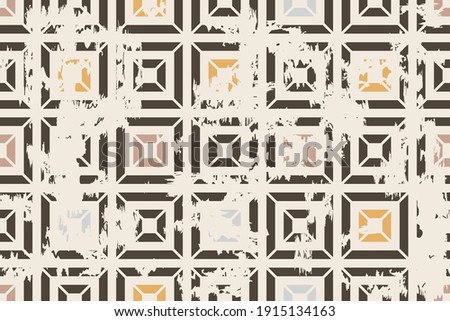 Seamless geometric pattern with an effect of attrition. Abstract retro vector texture. Vintage shabby carpet. Lattice graphic design. Vector tiles pattern in brown and beige. Royalty-Free Stock Photo #1915134163