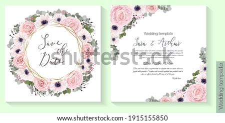 Floral round frame. White anemones, pink roses, eucalyptus, berries, gypsophila. Polygonal gold frame.