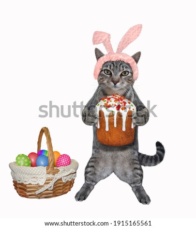 A gray cat in pink easter bunny ears is standing with a easter cake. A basket of eggs is next to him. White background. Isolated.