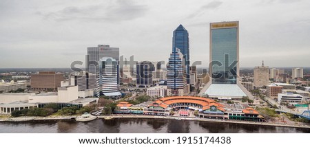 Aerial view of Jacksonville skyline on a cloudy day, Florida, USA.