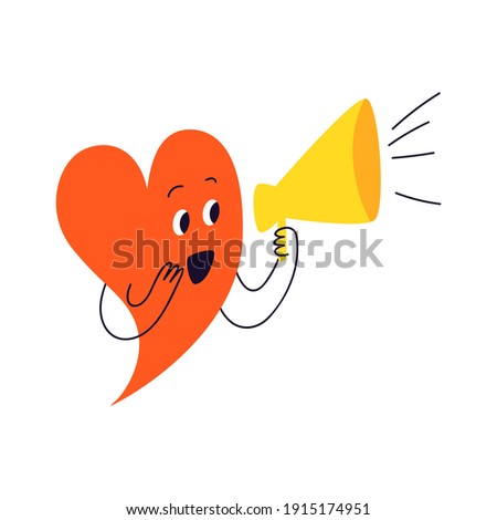 The red heart announces through the yellow loudspeaker. A cute cartoon character in the form of a heart with a face speaks into a bullhorn. Vector doodle illustration isolated on white background.