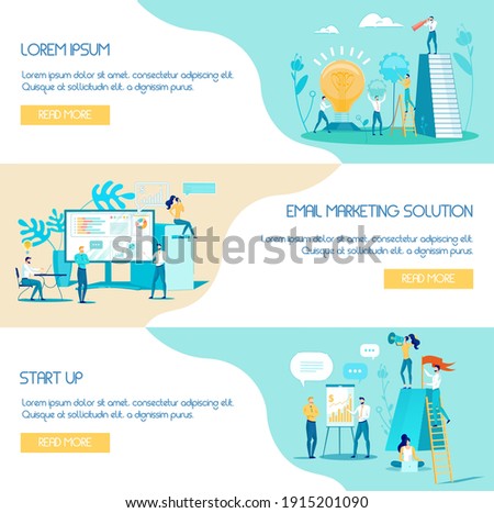 Flat Banner Email Marketing Solution, Start Up. Set Man in Suit makes Presentation Using Graph and Chart. Guy Stands on Stairs with Flag. Girl Stands on Hill and Speaks into Loudspeaker.