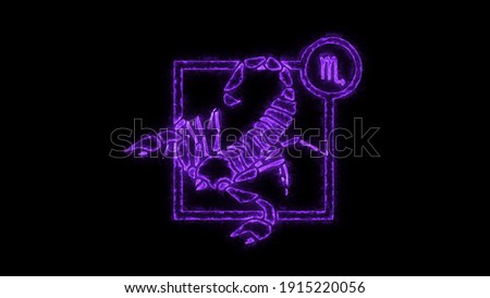 The Scorpio zodiac symbol, horoscope sign lighting effect purple neon glow. Royalty high-quality free stock of Scorpio signs isolated on black background. Horoscope, astrology icons with simple style