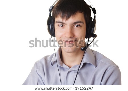 Young man in headphones against white background