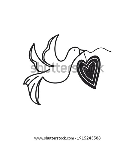 Hand drawn pigeon with heart on a top.Valentine`s day, love postcard, .Simple vector elements. Vector clipart for design, wrapping paper, postcards, ui, textile design
