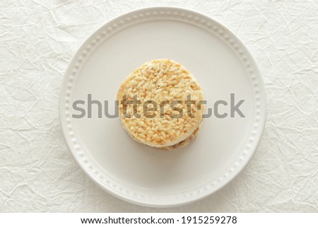 Frozen food, Japanese fusion bbq beef and cheese rice burger on white dish