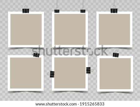 Square photo frames with white border attached on paper clips. Beige photo cards with shadows on transparent background. Mockup. Set of six blanks. Vector 3d realistic template. EPS10.