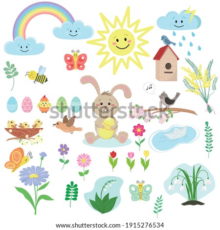 Spring clip art collection with cute easter bunny. Vector illustration