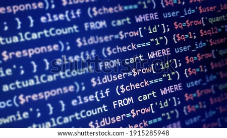 PHP programming language on computer screen. Monitor technology concept. Background of program code. Web dewelopment concept