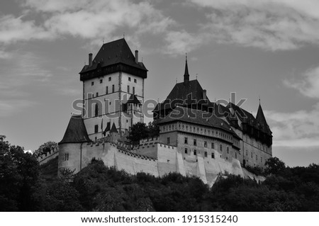 Monochromatic panorama of Karlstejn Castle, Czech Republic