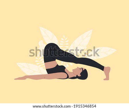 Woman practicing Plow pose. Concept illustration. Background with leaves. Yoga, meditation, healthy lifestyle, relax.