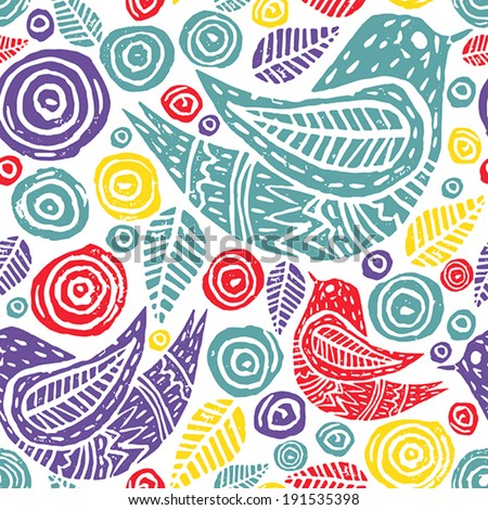 Vector seamless pattern with birds, leaves in grunge style