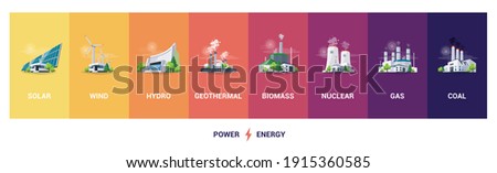 Electricity generation source types. Energy mix solar, water, fossil, wind, nuclear, coal, gas, geothermal and biomass. Renewable power plants station resources. Natural, thermal, hydro and chemical. Royalty-Free Stock Photo #1915360585