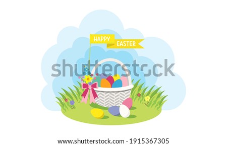 Spring, Easter. Easter basket, colored eggs, flowers on the grass. Cute flat style on white background. Vector illustration.