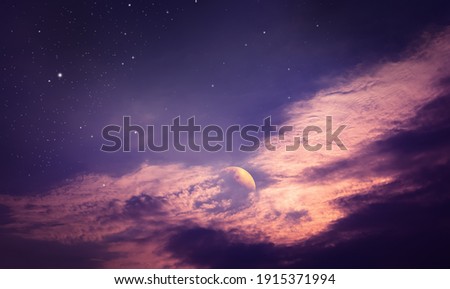 colorful night sky with cloud, stars, and moon in violet and pink tone
