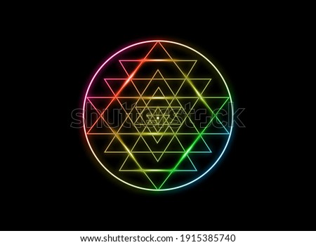 Sri Yantra, Sacred geometry, colors of chakras symbol of Hindu tantra formed by nine interlocking triangles that radiate out from the central point. Alchemy Mandala line art sign, vector isolated  Royalty-Free Stock Photo #1915385740