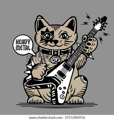 Lucky Cat Mascot Character Design Metal Rock Guitar