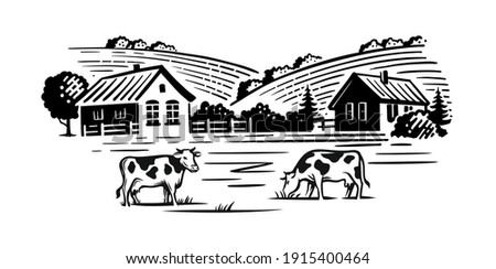 Village with cows and houses. Farm Landscape retro Sketch with field. Drawing country theme. Cattle chewing grass 