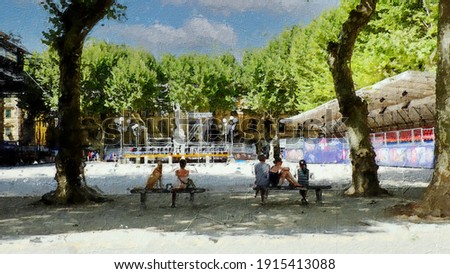 Oil painting of a retro background with people sitting on benches looking towards a town square