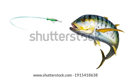 Golden Jack fish carax striped (Pacific jack) attacks Popper Lures Topwater Fishing Baits. Illustration realistic art isolated. 