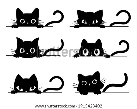 Set of black cats looking out the window. Collection of cartoon cats peeking out the window. Funny peeking pets. Vector illustration on white background. Tattoo. Royalty-Free Stock Photo #1915423402