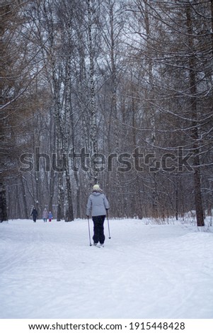 Skier rides on a snowy path in the forest 