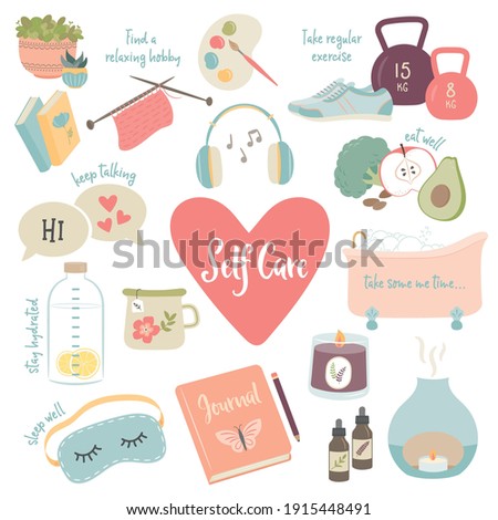 Self care, well being, wellness, mental health concept, icons, collection. Home relaxation, drinking lemon water, exercise, aromatherapy, eat well, beauty rituals, journalling, sleep well, hobbies Royalty-Free Stock Photo #1915448491