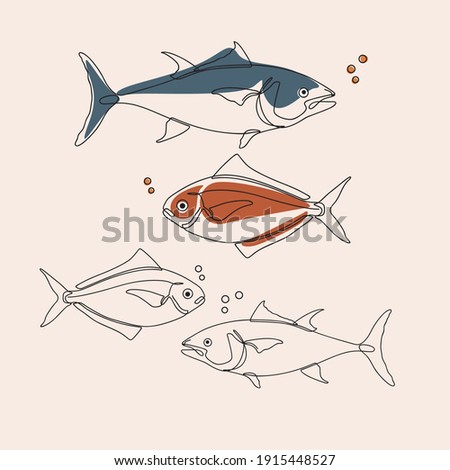 minimalist line art style tuna fish illustration and one line art with earth tone. 
editable and suitable for templates as well as illustrations. vector